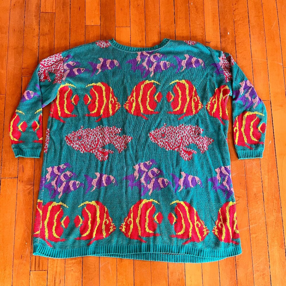 Betsey Johnson Punk Label 80s Vintage Fish Knit Crewneck Sweater Dress - Picture 4 of 8